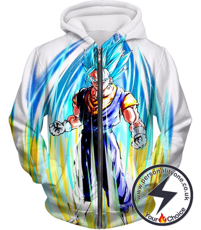 Dragon Ball Super Powerful Fusion Warrior Vegito Super Saiyan Blue Ultimate Action White Zip Up Hoodie